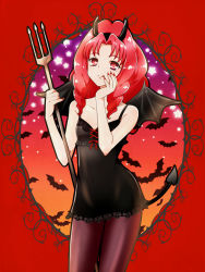Rule 34 | 1girl, :q, akagi towa, bat (animal), bat wings, black dress, black wings, chemise, cowboy shot, curly hair, demon tail, dress, go! princess precure, halloween, hand on own face, holding, holding weapon, horns, kagami chihiro, lace, lace-up, lingerie, long hair, looking at viewer, nail polish, pantyhose, parted bangs, pinky out, polearm, precure, red eyes, red hair, red nails, smile, solo, star (symbol), tail, tongue, tongue out, trident, underwear, weapon, wings