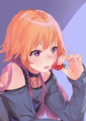Rule 34 | 1girl, bare shoulders, collar, commentary request, food, fruit, geregere (lantern), hair extensions, holding, holding food, holding fruit, idolmaster, idolmaster cinderella girls, jewelry, long hair, long sleeves, multicolored hair, necklace, ninomiya asuka, off-shoulder shirt, off shoulder, open mouth, orange hair, purple eyes, purple hair, shirt, simple background, solo, strawberry, two-tone hair, upper body