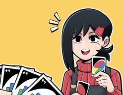 Rule 34 | 1girl, black eyes, black hair, card, card game, chainsaw man, disembodied hand, ear piercing, earrings, hair ornament, hairclip, happy, higashiyama kobeni, highres, holding, holding card, jewelry, kermittend, mole, mole under eye, mole under mouth, open mouth, piercing, playing card, playing games, ponytail, red sweater, simple background, solo focus, strap, sweater, teeth, tongue, uno (game), yellow background