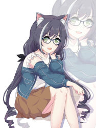 Rule 34 | 1girl, :d, absurdres, animal ear fluff, animal ears, black hair, blue vest, brown skirt, cat ears, fang, glasses, green eyes, head rest, highres, invisible chair, karyl (princess connect!), long hair, long sleeves, looking at viewer, maxwelzy, miniskirt, multicolored hair, open clothes, open mouth, open vest, pleated skirt, princess connect!, shirt, sitting, skirt, smile, solo, streaked hair, very long hair, vest, white shirt