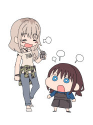 Rule 34 | 2girls, = =, angry, black overalls, blue eyes, blue pants, blush, brown hair, camouflage, camouflage jacket, chibi, closed eyes, clothes around waist, commentary, full body, girls band cry, grey hair, grey shirt, habsida (habsida hpy), highres, iseri nina, jacket, jacket around waist, kawaragi momoka, long hair, long sleeves, low twintails, multicolored hair, multiple girls, open mouth, overalls, pants, roots (hair), shirt, short hair, short twintails, sidelocks, simple background, twintails, white background