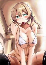Rule 34 | 1girl, alternate costume, anchor hair ornament, bikini, black thighhighs, blonde hair, blush, breasts, chan (akuty ikkot), closed mouth, condom, condom in mouth, condom wrapper, hair between eyes, hair ornament, highres, kantai collection, large breasts, micro bikini, mouth hold, navel, prinz eugen (kancolle), solo, swimsuit, thighhighs, twintails, white bikini