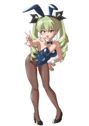 Rule 34 | 1girl, absurdres, anchovy (girls und panzer), animal ear hairband, animal ears, black footwear, black pantyhose, black ribbon, blue bow, blue bowtie, blue leotard, bow, bowtie, breasts, commentary request, commission, detached collar, drill hair, drops mint, fake animal ears, fang, fishnet pantyhose, fishnets, full body, girls und panzer, green hair, hair ribbon, hand on own hip, high heels, highres, leaning forward, leotard, long hair, looking at viewer, medium breasts, open mouth, pantyhose, partial commentary, playboy bunny, rabbit ear hairband, rabbit ears, red eyes, ribbon, simple background, skeb commission, smile, solo, standing, strapless, strapless leotard, twin drills, twintails, white background, wing collar, wrist cuffs