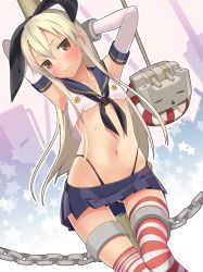 Rule 34 | 10s, 1girl, ama mitsuki, armpits, arms up, bare shoulders, black panties, blonde hair, blush, brown eyes, chain, cuffs, elbow gloves, flat chest, gloves, hairband, highleg, kantai collection, lifebuoy, long hair, looking at viewer, midriff, navel, panties, personification, rensouhou-chan, shackles, shimakaze (kancolle), skirt, solo, stomach, striped clothes, striped thighhighs, sweatdrop, swim ring, thigh gap, thighhighs, underwear, white gloves
