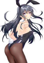 Rule 34 | 10s, 1girl, absurdres, animal ears, ass, blue eyes, blush, breasts, closed mouth, commentary request, detached collar, fake animal ears, grey hair, highres, leotard, long hair, looking at viewer, pantyhose, playboy bunny, pointing finger, rabbit ears, rabbit girl, rabbit tail, sakurajima mai, seishun buta yarou, shunichi, smile, solo, strapless, strapless leotard, tail, turning head