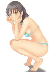 Rule 34 | 1girl, barefoot, bikini, black hair, blue bikini, breasts, covered erect nipples, full body, green eyes, hands on own face, head rest, legs, looking at viewer, muffin (sirumeria), original, sideboob, simple background, smile, solo, squatting, swimsuit, tiptoes, white background
