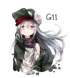 Rule 34 | 1girl, bad id, bad pixiv id, blush stickers, character name, closed mouth, flat cap, frown, g11 (girls&#039; frontline), girls&#039; frontline, green hat, green jacket, grey eyes, hair between eyes, hat, jacket, long hair, looking at viewer, melings (aot2846), off shoulder, open clothes, open jacket, shirt, silver hair, simple background, solo, torn clothes, torn jacket, torn shirt, very long hair, white background, white shirt
