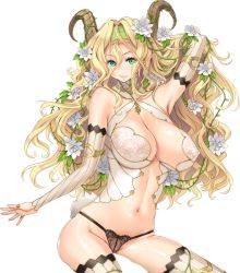 Rule 34 | 1girl, adjusting hair, armpits, bare shoulders, blonde hair, breasts, cleavage, covered erect nipples, detached collar, female focus, flower, game cg, green eyes, groin, hair flower, hair ornament, hayama kazusa, horns, hoshizora no babylon, large breasts, legs, long hair, looking at viewer, mei mei (hoshizora no babylon), navel, nipples, panties, see-through, simple background, smile, solo, thighhighs, thighs, underwear