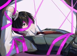 Rule 34 | 1boy, black eyes, black hair, black vest, closed mouth, e.g.o (project moon), highres, limbus company, long sleeves, lying, male focus, msx (mis4xi), necktie, on back, pink ribbon, pink shoes (project moon), project moon, red necktie, ribbon, shirt, simple background, solo, vest, white background, white shirt, yi sang (project moon)