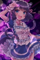 Rule 34 | 1girl, bell, blue eyes, blue hair, breasts, cyan (show by rock!!), frills, highres, long hair, maid headdress, open mouth, ribbon, show by rock!!, smile, solo, sweat, tail, yeon-kun
