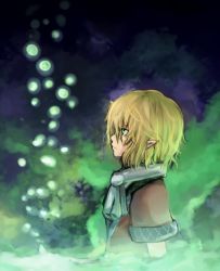 Rule 34 | 1girl, blonde hair, brown shirt, closed mouth, commentary request, green eyes, mizuhashi parsee, pointy ears, profile, scarf, sergei (pattundo), shirt, short hair, smoke, solo, touhou, upper body, v-shaped eyebrows, white scarf