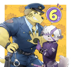 Rule 34 | 2boys, animal ears, animal nose, anniversary, bandage over one eye, bandages, belt, border, chest tuft, commentary request, cuffs, dog boy, dog ears, dog tail, facial tattoo, floral background, furry, furry male, gakuran, grin, handcuffs, hat, holding, holding sword, holding weapon, jacket, katana, kinoshita jiroh, male focus, multiple boys, muscular, muscular male, nobumichi (housamo), notice lines, open hand, outside border, pawpads, pointing, police, police hat, police uniform, purple fur, purple jacket, school uniform, short hair, smile, speech bubble, sword, tail, tattoo, thick eyebrows, tokyo houkago summoners, translated, two-tone fur, uniform, upper body, watch, weapon, white border, white hair, wristwatch, yellow background, yellow eyes, yellow fur, yoshito (housamo)
