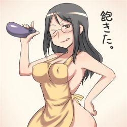 Rule 34 | 1girl, ;p, aaaa (quad-a), apron, bad id, bad pixiv id, black hair, blush, breasts, brown eyes, covered erect nipples, eggplant, glasses, housewife, long hair, medium breasts, mature female, naked apron, one eye closed, original, solo, tongue, tongue out, translation request, wink