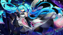 Rule 34 | 1girl, absurdly long hair, black footwear, black hairband, black skirt, blue eyes, blue hair, boots, breasts, dan evan, detached sleeves, feathers, floating hair, forever 7th capital, full body, hair between eyes, hairband, hatsune miku, high heel boots, high heels, holding, holding microphone, long hair, looking at viewer, medium breasts, microphone, miniskirt, skirt, solo, thigh boots, thighhighs, twintails, very long hair, vocaloid, white feathers