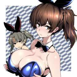 Rule 34 | 2girls, animal ears, bare shoulders, black eyes, bow, bowtie, breast envy, breasts, brown hair, cleavage, commentary request, detached sleeves, fake animal ears, green hair, grey hair, hair ribbon, kaga (kancolle), kantai collection, large breasts, leotard, looking at viewer, multiple girls, nakahira guy, playboy bunny, rabbit ears, ribbon, short hair, side ponytail, solo focus, twintails, upper body, white ribbon, yellow eyes, zuikaku (kancolle)
