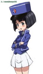 Rule 34 | 1girl, alternate costume, artist name, bc freedom (emblem), bc freedom military uniform, blue hat, blue jacket, blue vest, blunt bangs, blush, bob cut, commentary request, cowboy shot, crossed arms, dress shirt, emblem, frown, girls und panzer, hat, high collar, jacket, kayabakoro, kepi, long sleeves, looking at viewer, military, military hat, military uniform, miniskirt, one-hour drawing challenge, open mouth, pleated skirt, shirt, simple background, sketch, skirt, solo, sono midoriko, standing, thighs, twitter username, uniform, vest, white background, white shirt, white skirt