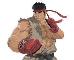 Rule 34 | 1boy, abs, belt, black belt, black hair, clenched hands, closed mouth, dougi, fighting stance, fingerless gloves, gloves, headband, large pectorals, looking at viewer, male focus, martial arts belt, muscular, muscular male, nt (gun-ash), pectorals, red gloves, red headband, ryu (street fighter), short hair, simple background, solo, street fighter, street fighter 6, torn clothes, upper body, white background