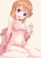 Rule 34 | 1girl, :d, bare legs, bare shoulders, bikini, blush, breasts, brown background, cleavage, collarbone, commentary request, feet out of frame, food, gochuumon wa usagi desu ka?, guraasan, hair between eyes, hair ornament, hairclip, head tilt, highres, holding, holding food, hood, hood down, hooded jacket, hoto cocoa, ice cream, ice cream cone, jacket, light brown hair, looking at viewer, medium breasts, navel, off shoulder, open mouth, pink bikini, pink jacket, purple eyes, simple background, sitting, smile, soft serve, solo, swimsuit, wariza