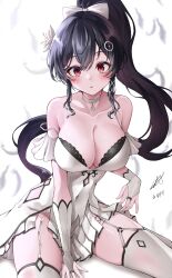 1girl absurdres bare_shoulders between_legs black_hair bow breasts choker cleavage collarbone commentary_request commission covered_navel dress garter_straps hair_bow hand_between_legs highres illien_(illien) korean_commentary large_breasts lds_(dstwins97) long_hair looking_at_viewer original parted_lips pelvic_curtain pleated_dress ponytail red_eyes second-party_source sitting sleeveless sleeveless_dress solo spaghetti_strap strap_slip thighhighs thighs very_long_hair white_choker white_dress white_thighhighs