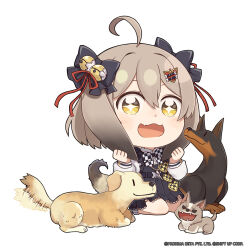 Rule 34 | 1girl, afterimage, ahoge, animal ears, bell, belt, biscuit (nikke), black belt, black dress, bone hair ornament, chibi, commentary, doberman, dog, dog ears, dog tail, dress, fang, goddess of victory: nikke, hair bell, hair between eyes, hair ornament, hair ribbon, hands up, heart, heart hair ornament, highres, holding own ears, light brown hair, long sleeves, looking at viewer, official art, open mouth, puffy long sleeves, puffy sleeves, red ribbon, ribbon, skin fang, smile, solo, sparkling eyes, tail, tail wagging, totatokeke, yellow eyes