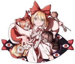 Rule 34 | 4girls, absurdres, blonde hair, bow, capelet, crying, crying with eyes open, erhu, gap (touhou), hair bow, highres, holding, holding instrument, instrument, layered sleeves, looking at viewer, mefomefo, multiple girls, outstretched arm, pulling, pulling another&#039;s clothes, satsuki rin, short hair, tears, touhou, white background, wide sleeves, yellow eyes