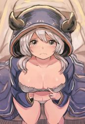 Rule 34 | 10s, 1girl, areola slip, blush, breasts, cleavage, collarbone, covered erect nipples, draph, female focus, from above, frown, granblue fantasy, grey eyes, grey panties, hood, horns, kumuyu, large breasts, long hair, looking at viewer, low twintails, micro panties, navel, panties, silver hair, sitting, solo, strapless, tears, toi (toiot), tube top, twintails, underwear