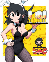 Rule 34 | 1girl, animal ears, bare shoulders, black bow, black bowtie, black eyes, black leotard, black nails, border, bow, bowtie, breasts, cleavage, cowboy shot, crab, detached collar, fake animal ears, fake tail, fishnet pantyhose, fishnets, hairband, hand on own hip, highres, holding, holding tray, leotard, looking at viewer, lucia (scott malin), medium breasts, nail polish, original, pantyhose, playboy bunny, rabbit ears, rabbit tail, scott malin, smile, solo, strapless, strapless leotard, tail, tray, white border, white hairband, wrist cuffs