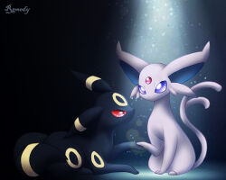 Rule 34 | animal focus, artist name, black fur, commentary request, creatures (company), espeon, facial mark, forehead jewel, forehead mark, forked tail, game freak, gen 2 pokemon, light, nintendo, no humans, pokemon, pokemon (creature), purple fur, red eyes, remedy matome, sitting, tail, umbreon