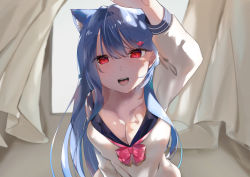 Rule 34 | 1girl, absurdres, animal ears, blue hair, blush, bow, bowtie, breasts, cat ears, cleavage, curtains, hair between eyes, hair ornament, headpat, heart, heart hair ornament, highres, indoors, leaning forward, light blue hair, long hair, long sleeves, looking at viewer, medium breasts, open mouth, outstretched hand, pink bow, pink bowtie, plivyou, pov, red eyes, sailor collar, school uniform, serafuku, shikai yue, shin no tenpii, shirt, solo, upper body, virtual youtuber, white shirt, wind, window