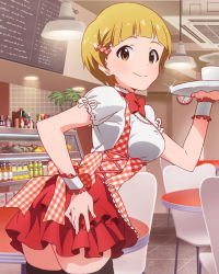 Rule 34 | 10s, 1girl, artist request, blonde hair, brown eyes, cafe, fukuda noriko, hair ornament, hairclip, idolmaster, idolmaster million live!, maid, official art, short hair, smile, solo, thighhighs