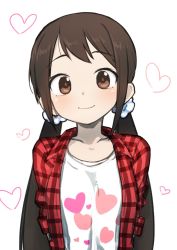 Rule 34 | 1girl, arms behind back, black hair, blush, brown eyes, collarbone, commentary, gazacy (dai), hair ornament, hair scrunchie, heart, heart print, highres, idolmaster, idolmaster cinderella girls, long hair, looking at viewer, low twintails, nakano yuka, open clothes, open shirt, plaid, plaid shirt, scrunchie, shirt, simple background, smile, solo, twintails, upper body