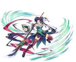 Rule 34 | 1girl, absurdly long hair, bare shoulders, black thighhighs, blue hair, blush, breasts, detached sleeves, fingernails, full body, highres, holding, holding weapon, kan&#039;u (koihime musou), katagiri hinata, koihime musou, large breasts, loafers, long hair, looking at viewer, naginata, necktie, official art, open mouth, polearm, ponytail, sennen sensou aigis, shiny clothes, shiny skin, shoes, side ponytail, skirt, sleeveless, solo, thighhighs, transparent background, very long hair, weapon, wide sleeves, yellow eyes, zettai ryouiki