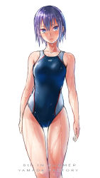 Rule 34 | 1girl, blue eyes, competition swimsuit, highres, one-piece swimsuit, original, purple hair, short hair, simple background, solo, standing, swimsuit, wantacchi, wet