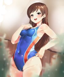 Rule 34 | 10s, 1girl, bad id, bad pixiv id, breasts, brown eyes, brown hair, competition swimsuit, idolmaster, idolmaster cinderella girls, idolmaster cinderella girls starlight stage, long hair, medium breasts, nitta minami, one-piece swimsuit, shovelwall, shovelwell, smile, solo, swimsuit