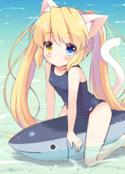 Rule 34 | 1girl, animal ears, beach, blonde hair, cat ears, cat girl, cat tail, collarbone, commentary request, day, fish, heterochromia, highres, kemonomimi mode, long hair, looking at viewer, momoniku (taretare-13), nakatsu shizuru, one-piece swimsuit, parted lips, partially submerged, rewrite, school swimsuit, solo, swimsuit, tail, twintails, wet, wet clothes, wet swimsuit