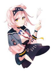 Rule 34 | 1girl, absurdres, animal ears, arknights, black choker, black hairband, black skirt, black wristband, blue bow, blue jacket, bow, braid, cat ears, choker, cropped arms, floppy ears, goldenglow (arknights), gupipy, hair bow, hair ornament, hairband, hairclip, hand up, highres, id card, infection monitor (arknights), jacket, lightning bolt print, long hair, looking at viewer, multicolored clothes, multicolored jacket, pink hair, pink jacket, shirt, simple background, skirt, sleeves past elbows, solo, two-tone jacket, upper body, white background, white shirt, yellow eyes