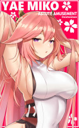Rule 34 | 1girl, absurdres, animal ears, armpits, arms up, bare arms, bare shoulders, blouse, breasts, character name, floppy ears, fox ears, genshin impact, hair ornament, highres, impossible clothes, japanese clothes, kimono, large breasts, long hair, looking at viewer, parted lips, pink hair, purple eyes, shirt, sideboob, sleeveless, sleeveless kimono, sleeveless shirt, solo, twomoon, upper body, white kimono, white shirt, yae miko