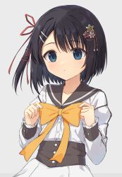 Rule 34 | 1girl, adjusting bow, aqua eyes, black hair, black sailor collar, blush, bow, closed mouth, cofetaru, commentary, cowboy shot, dracu-riot!, flower, grey background, hair flower, hair ornament, hair ribbon, hairclip, hands up, highres, juliet sleeves, long sleeves, looking down, medium hair, mera azusa, one side up, puffy sleeves, red ribbon, ribbon, sailor collar, school uniform, serafuku, shirt, simple background, skirt, solo, straight hair, tress ribbon, white serafuku, white shirt, white skirt