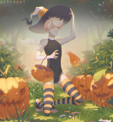 Rule 34 | 1boy, artist name, astrocatsama, bare arms, black leotard, black thighhighs, blonde hair, bulge, bush, candy, commentary, english commentary, food, forest, full body, ghost, grass, grin, halloween, halloween bucket, hand on headwear, hat, highres, jack-o&#039;-lantern, kneeling, leotard, male focus, nature, orange eyes, orange hat, orange thighhighs, original, outdoors, short hair, smile, solo, striped clothes, striped thighhighs, tassel hat ornament, thighhighs, toeless legwear, toenails, toes, two-tone headwear, two-tone thighhighs, very short hair, white hat, wide brim, witch hat