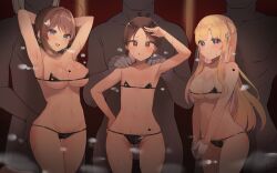 Rule 34 | 3boys, 3girls, ahoge, arm up, armpits, arms behind head, bare arms, bare legs, bare shoulders, bikini, black bikini, blonde hair, blush, braid, breasts, brown eyes, brown hair, chougei (kancolle), cleavage, closed mouth, collarbone, flat chest, fletcher (kancolle), gloves, gluteal fold, grey eyes, groin, hair ornament, heart, kantai collection, large breasts, long hair, medium breasts, multiple boys, multiple girls, open mouth, ponytail, purple eyes, shikinami (kancolle), shin (new), short hair, smile, swimsuit, tongue, tongue out, twin braids, white gloves