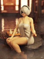 Rule 34 | 1girl, 2b (nier:automata), 3d, barefoot, black blindfold, black hairband, blindfold, blurry, depth of field, hairband, highres, iryda, naked towel, nier:automata, nier (series), onsen, sitting, solo, towel