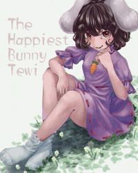 Rule 34 | 1girl, absurdres, animal ears, arm on knee, arm up, black hair, breasts, brown eyes, buttons, carrot, carrot necklace, character name, commentary request, crossed legs, curly hair, dress, english text, floppy ears, frilled dress, frilled sleeves, frills, full body, highres, inaba tewi, jewelry, kodoku mirai, looking at viewer, necklace, no shoes, pendant, pink dress, puffy short sleeves, puffy sleeves, rabbit ears, rabbit girl, ribbon-trimmed dress, short hair, short sleeves, simple background, sitting, small breasts, socks, solo, thighs, touhou, wavy hair, white background, white socks