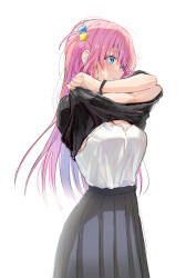 Rule 34 | 1girl, absurdres, black shirt, black skirt, blue eyes, blush, bocchi the rock!, breasts, clothes lift, commentary request, cube hair ornament, gotoh hitori, hair between eyes, hair ornament, highres, lifted by self, long hair, looking away, medium breasts, pink hair, shirt, shirt lift, simple background, sinomi, skirt, solo, undressing, white background