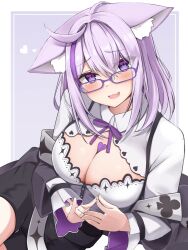 Rule 34 | 1girl, :d, ahoge, animal ear fluff, animal ears, black coat, blush, breasts, cat ears, cat girl, chest tattoo, cleavage, cleavage cutout, clothing cutout, coat, fang, grey background, heart, heart tattoo, highres, hololive, large breasts, long hair, long sleeves, looking at viewer, lying, micon, neck ribbon, nekomata okayu, nekomata okayu (wonderland), off shoulder, on side, open mouth, purple-framed eyewear, purple eyes, purple hair, purple ribbon, ribbon, skin fang, smile, solo, tattoo, two-tone background, virtual youtuber, white background