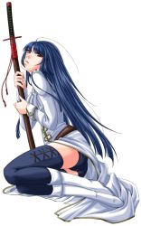Rule 34 | 1girl, ahoge, blue thighhighs, commentary request, gintama, imai nobume, short shorts, shorts, simple background, sitting, solo, souraku ryou, tagme, thighhighs, thighs