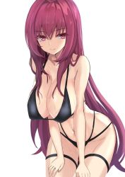 Rule 34 | 1girl, bad id, bad twitter id, bare arms, bare shoulders, bikini, black bikini, breasts, cleavage, collarbone, fate/grand order, fate (series), groin, hair intakes, hands on own thighs, kesoshirou, large breasts, leaning forward, long hair, looking at viewer, multi-strapped bikini, navel, purple hair, scathach (fate), sidelocks, simple background, solo, straight hair, sweat, swimsuit, thigh strap, very long hair, white background