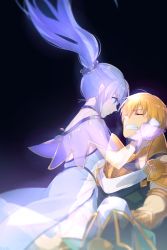 Rule 34 | 1boy, 1girl, armor, bare shoulders, black background, blonde hair, blush, closed mouth, commentary request, crying, dress, echo (circa), closed eyes, fate/grand order, fate (series), fingerless gloves, floating hair, gloves, gold armor, hair between eyes, hair ribbon, hand on another&#039;s face, hetero, jason (fate), long hair, medea (lily) (fate), open mouth, pointy ears, ponytail, purple dress, purple eyes, purple gloves, ribbon, short hair, simple background, sitting, smile, teeth, vambraces