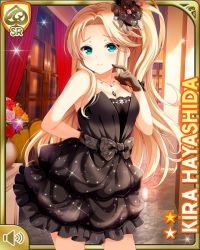 Rule 34 | 1girl, bare arms, bare legs, black bow, black dress, blonde hair, bow, breasts, card (medium), cleavage, closed mouth, dress, girlfriend (kari), green eyes, hair ornament, hair tie, hayashida kira, indoors, jewelry, mansion, necklace, night, official art, qp:flapper, side ponytail, smile