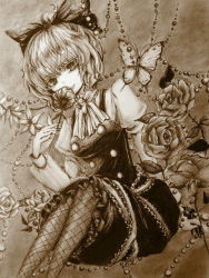 Rule 34 | 1girl, alternate costume, bad id, bad pixiv id, bug, butterfly, buttons, coco maru, colored pencil (medium), embellished costume, female focus, fishnet pantyhose, fishnets, flower, holding, holding flower, bug, jpeg artifacts, kurodani yamame, light smile, looking at viewer, monochrome, pantyhose, rose, short hair, sitting, smelling flower, smile, solo, touhou, traditional media