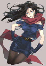 Rule 34 | 1girl, battle tendency, black hair, blue eyes, blue gloves, blue skirt, breasts, earrings, gloves, hands on own hips, impossible clothes, impossible shirt, jewelry, jojo no kimyou na bouken, lipstick, lisa lisa, makeup, medium breasts, pantyhose, red lips, red scarf, scarf, shirt, signature, skirt, solo, toujou sakana